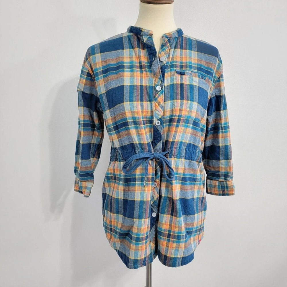 Blue Plaid Flannel Long Sleeve Tie Waist Top